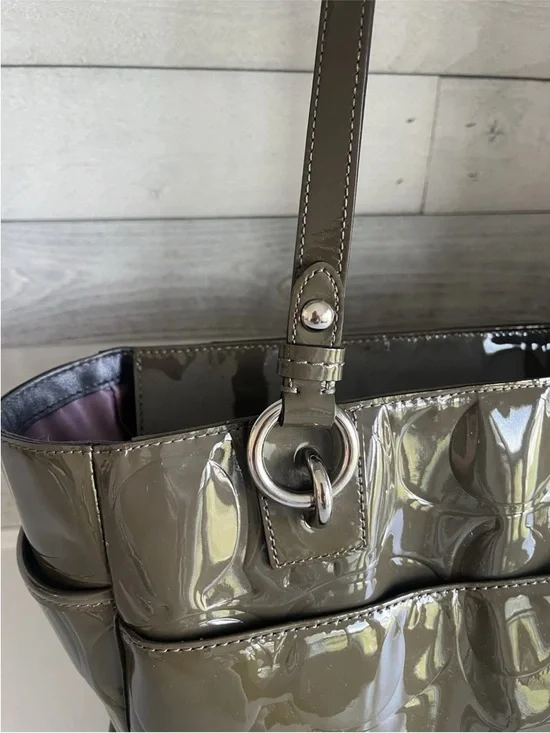 Coach Olive Green Op Art Embossed Patent Leather East West Gallery Tote - Picture 4 of 16